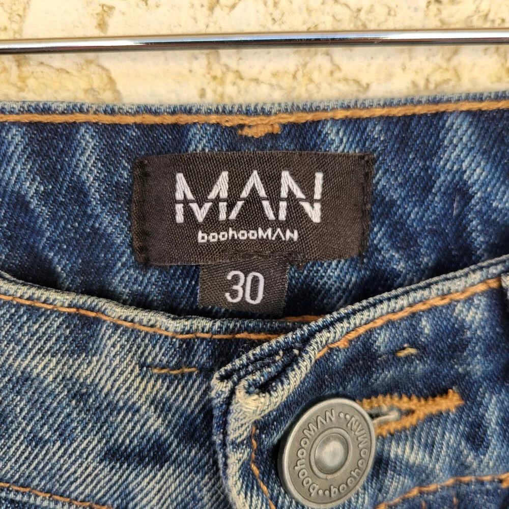 BoohooMan - Slim Flare Rigid All Over Rip Repaired Jeans Blue ~30R
